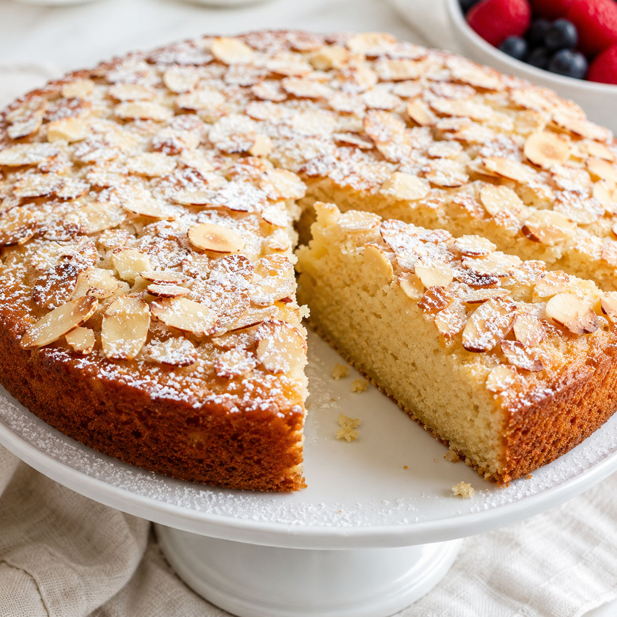 Golden almond cake with sliced almonds and powdered sugar on a white stand
