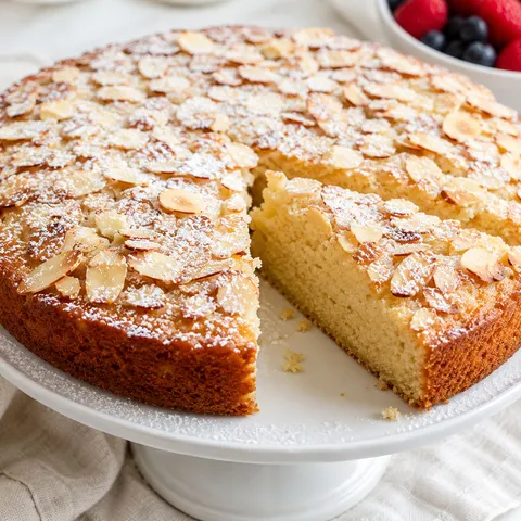 Golden almond cake with sliced almonds and powdered sugar on a white stand