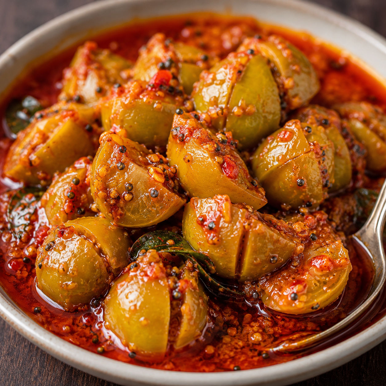 Indian Lime Pickle with glossy spiced lime wedges and curry leaves
