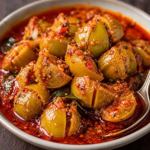 Indian Lime Pickle with glossy spiced lime wedges and curry leaves