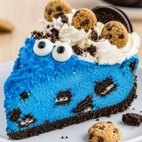 Bright blue Cookie Monster cheesecake slice with Oreo crust and cookie toppings