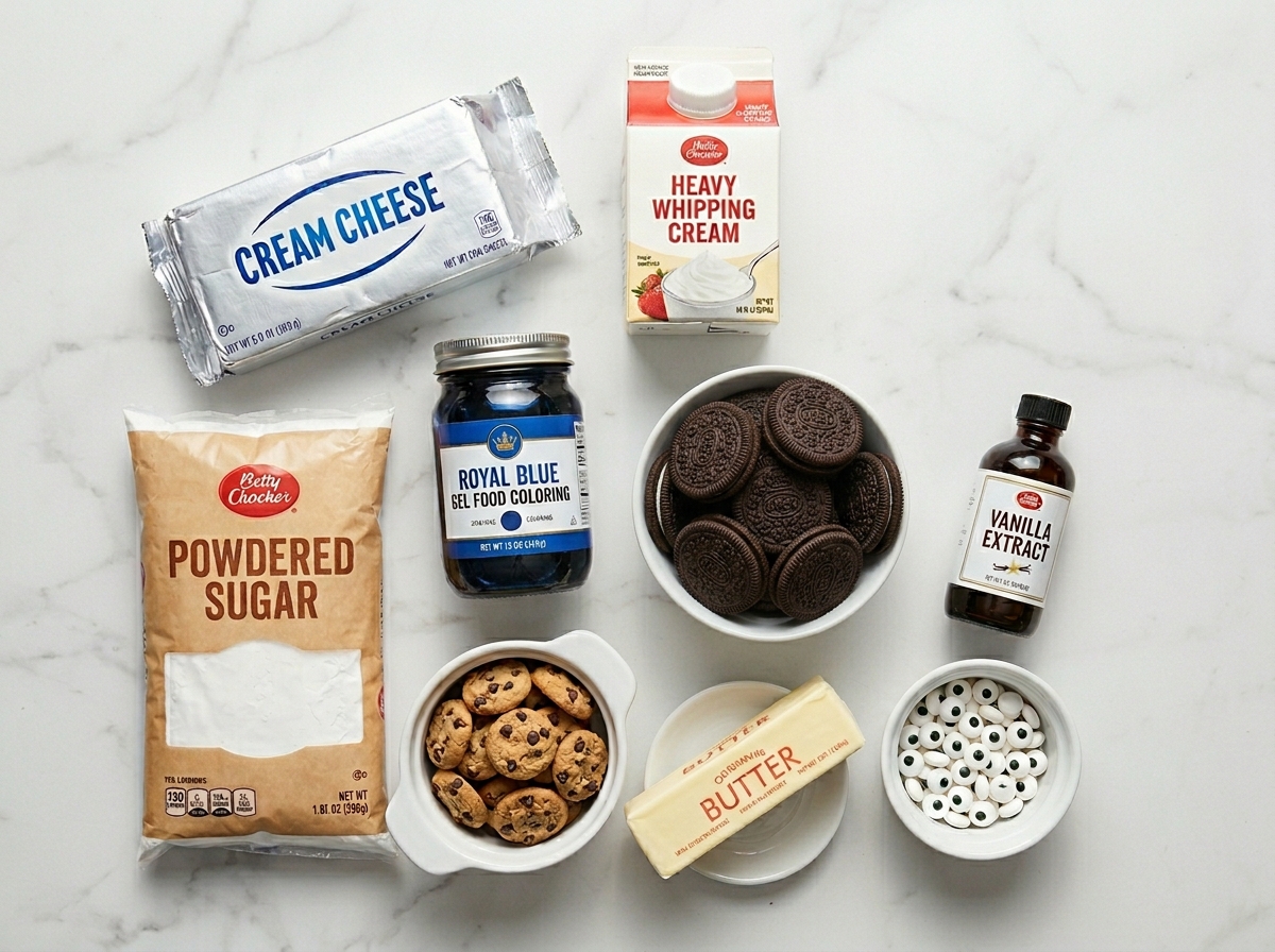 Raw ingredients for Cookie Monster cheesecake on a wooden surface