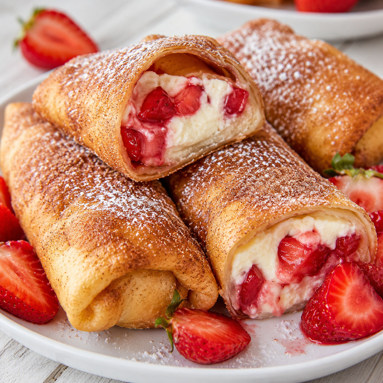 Strawberry cheesecake chimichangas with cinnamon sugar and fresh berries