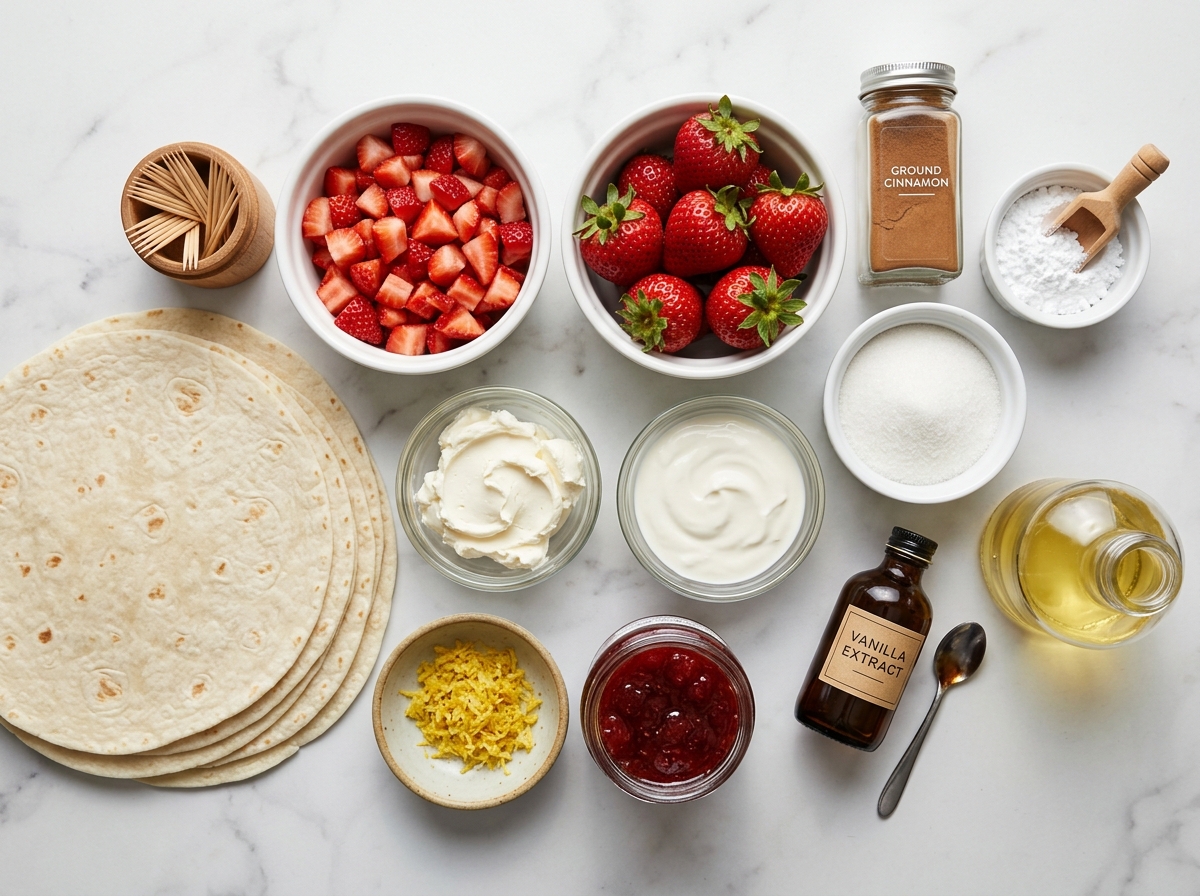 Ingredients for strawberry cheesecake chimichangas on a pale wood surface