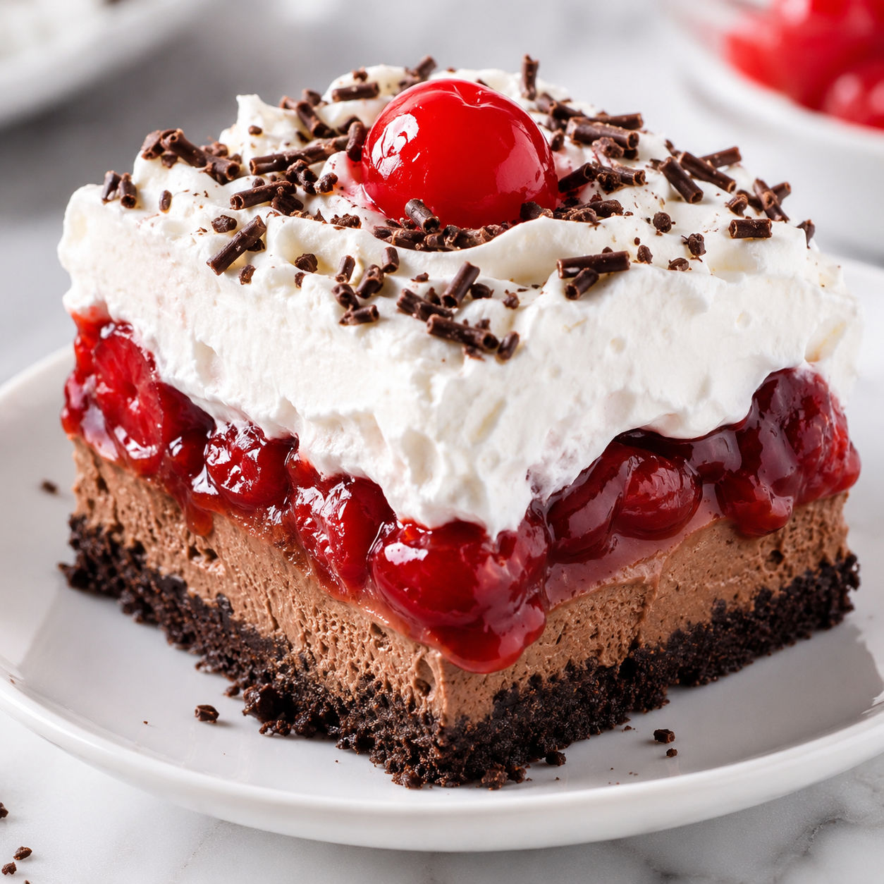 Cherry chocolate dessert layers with whipped topping and chocolate shavings