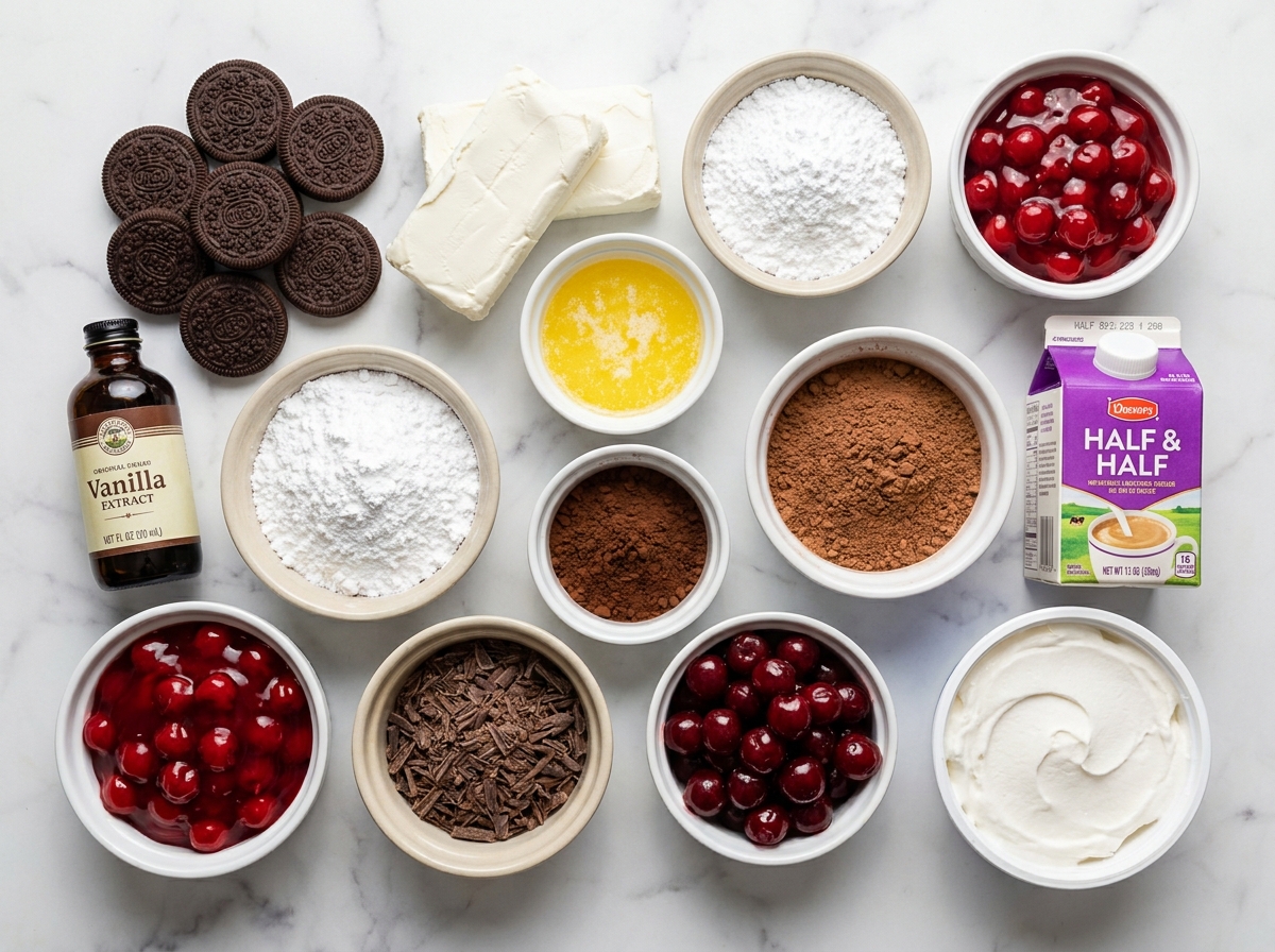 Ingredients for cherry chocolate dessert layers on a marble counter