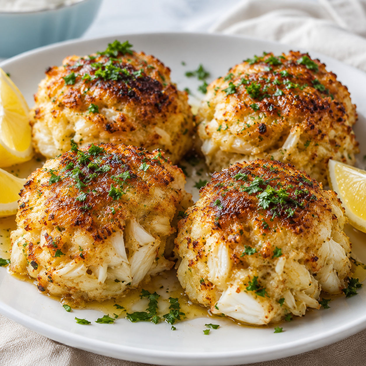 Golden jumbo lump crab bombs with lemon wedges and parsley