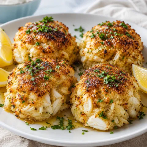 Golden jumbo lump crab bombs with lemon wedges and parsley