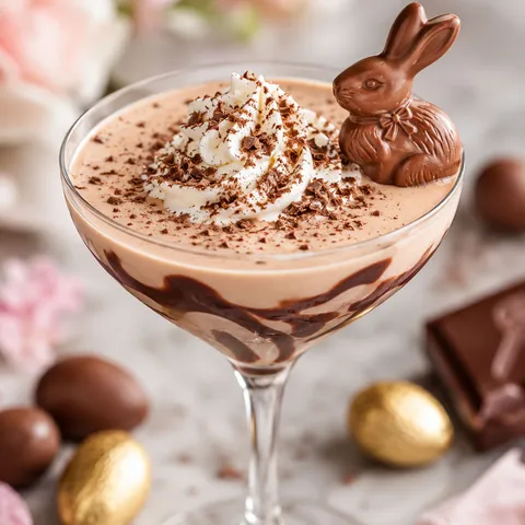 Creamy chocolate bunny cocktail with whipped cream and chocolate syrup