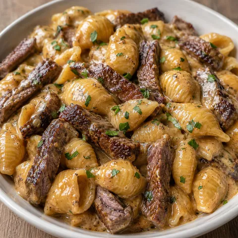 Creamy paprika steak shells with parsley in a shallow white bowl