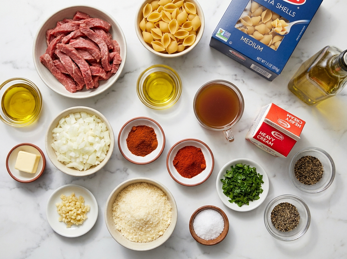 Ingredients for creamy paprika steak shells arranged on a counter