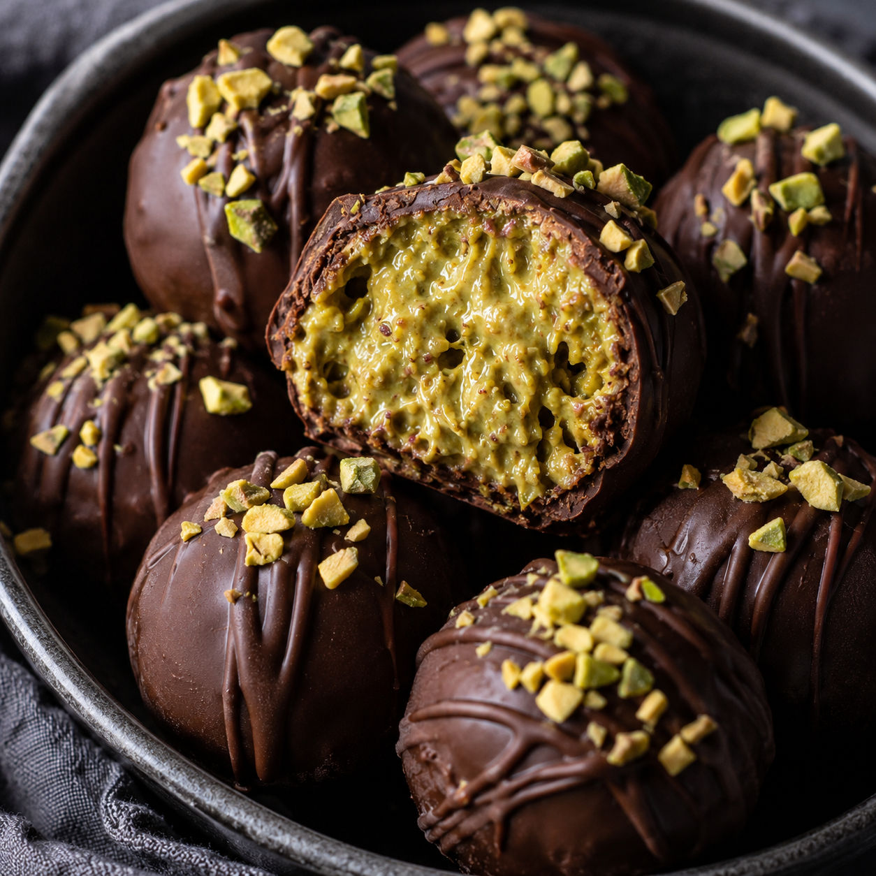 Dubai chocolate balls with green pistachio kataifi filling and chopped pistachios