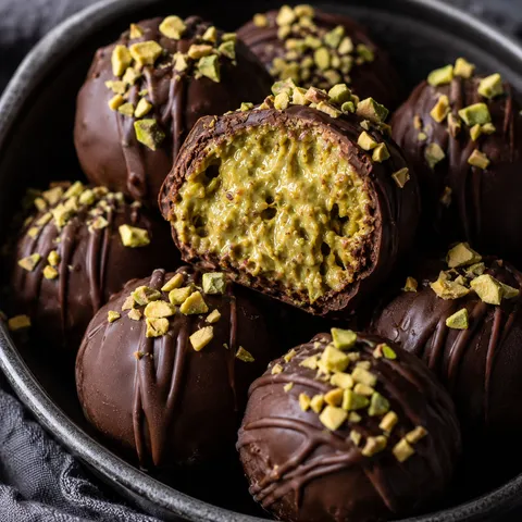 Dubai chocolate balls with green pistachio kataifi filling and chopped pistachios