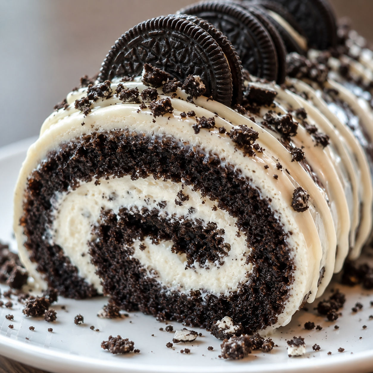 Oreo cream chocolate roll with white drizzle and cookie crumbs