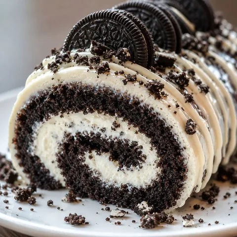 Oreo cream chocolate roll with white drizzle and cookie crumbs