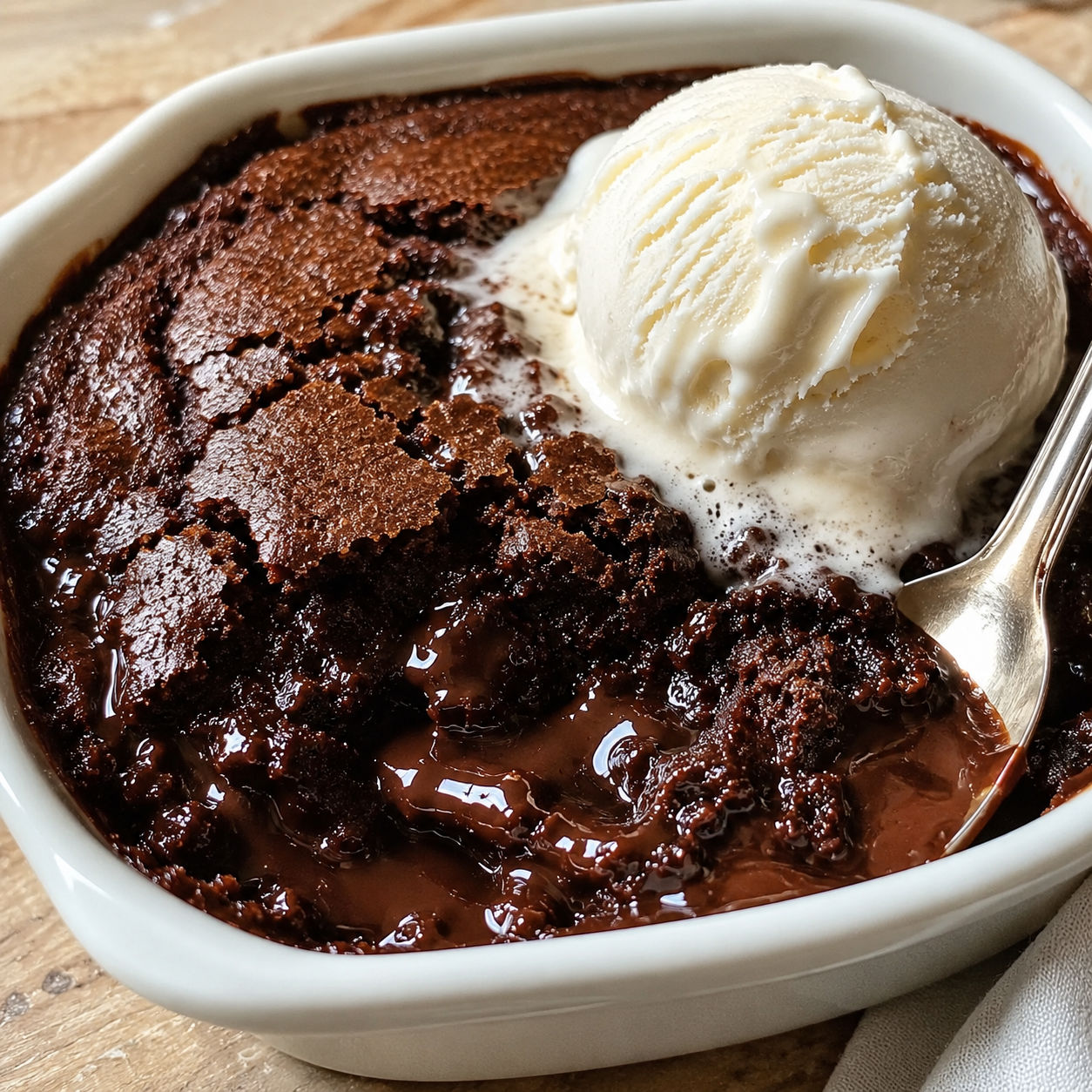 Warm Southern chocolate cobbler with fudge sauce and vanilla ice cream