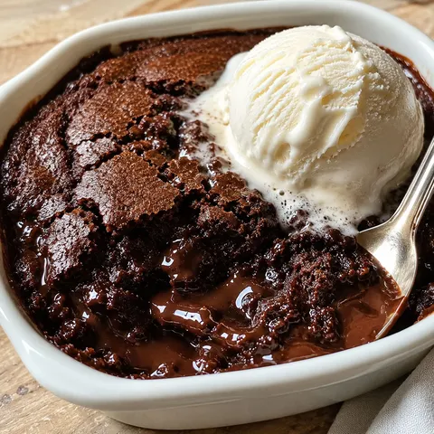 Warm Southern chocolate cobbler with fudge sauce and vanilla ice cream