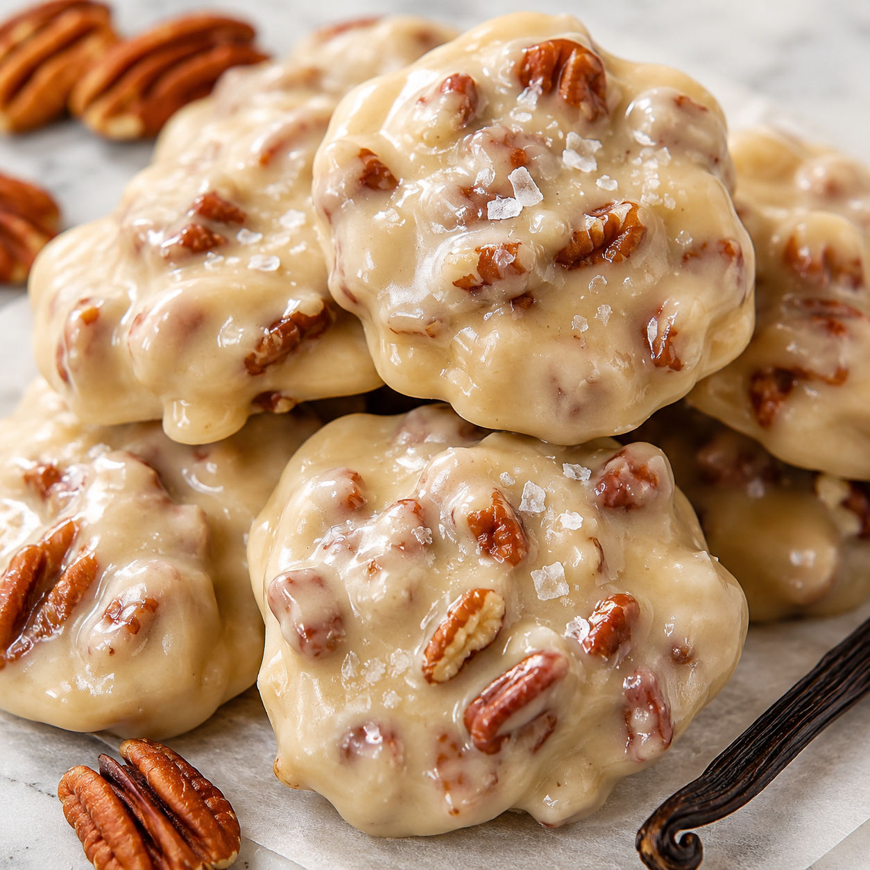 Vanilla pecan pralines with toasted pecans on parchment
