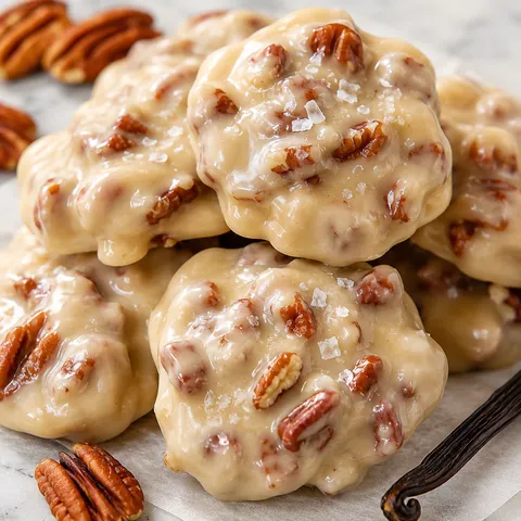 Vanilla pecan pralines with toasted pecans on parchment