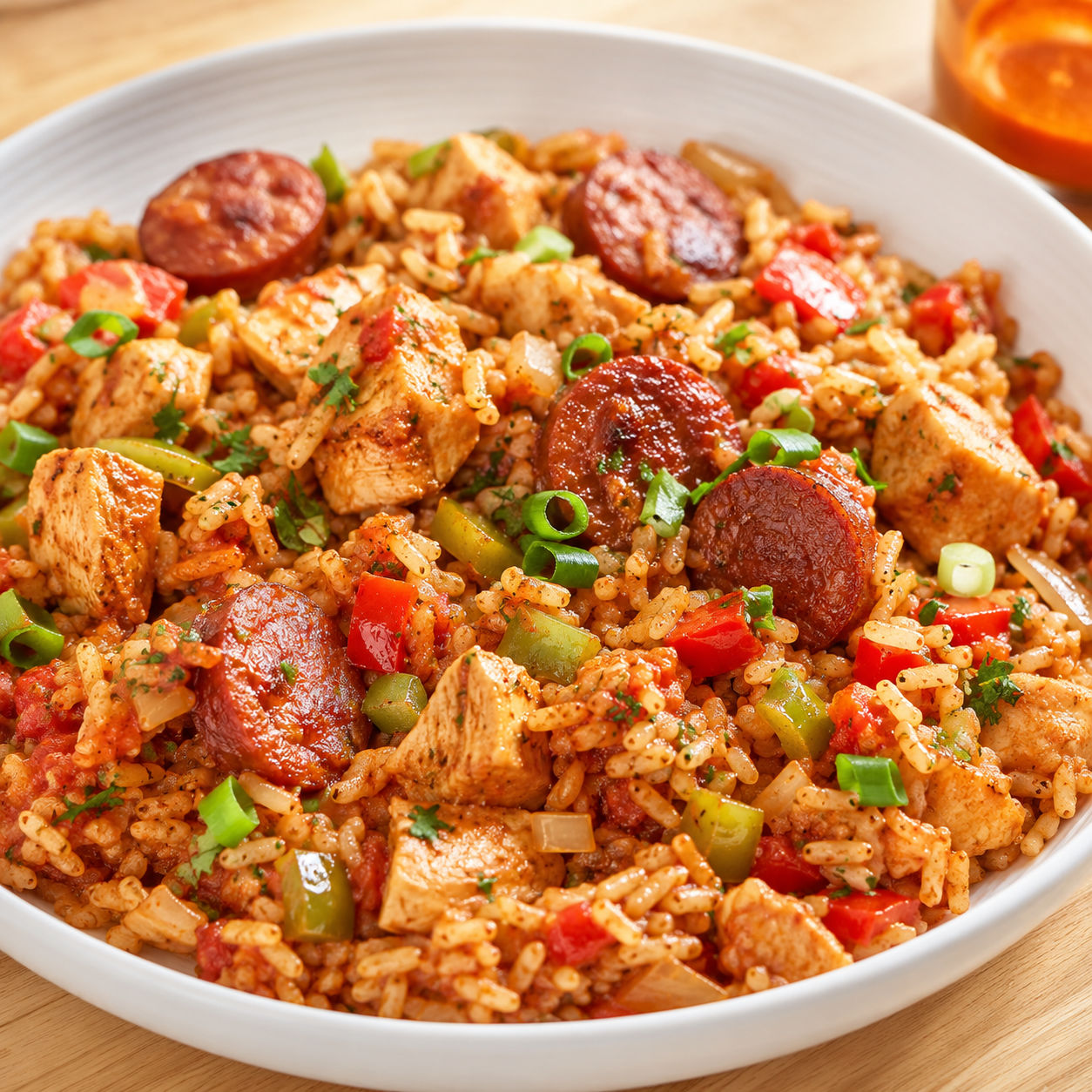 Chicken and sausage jambalaya with rice, peppers, green onions, and parsley