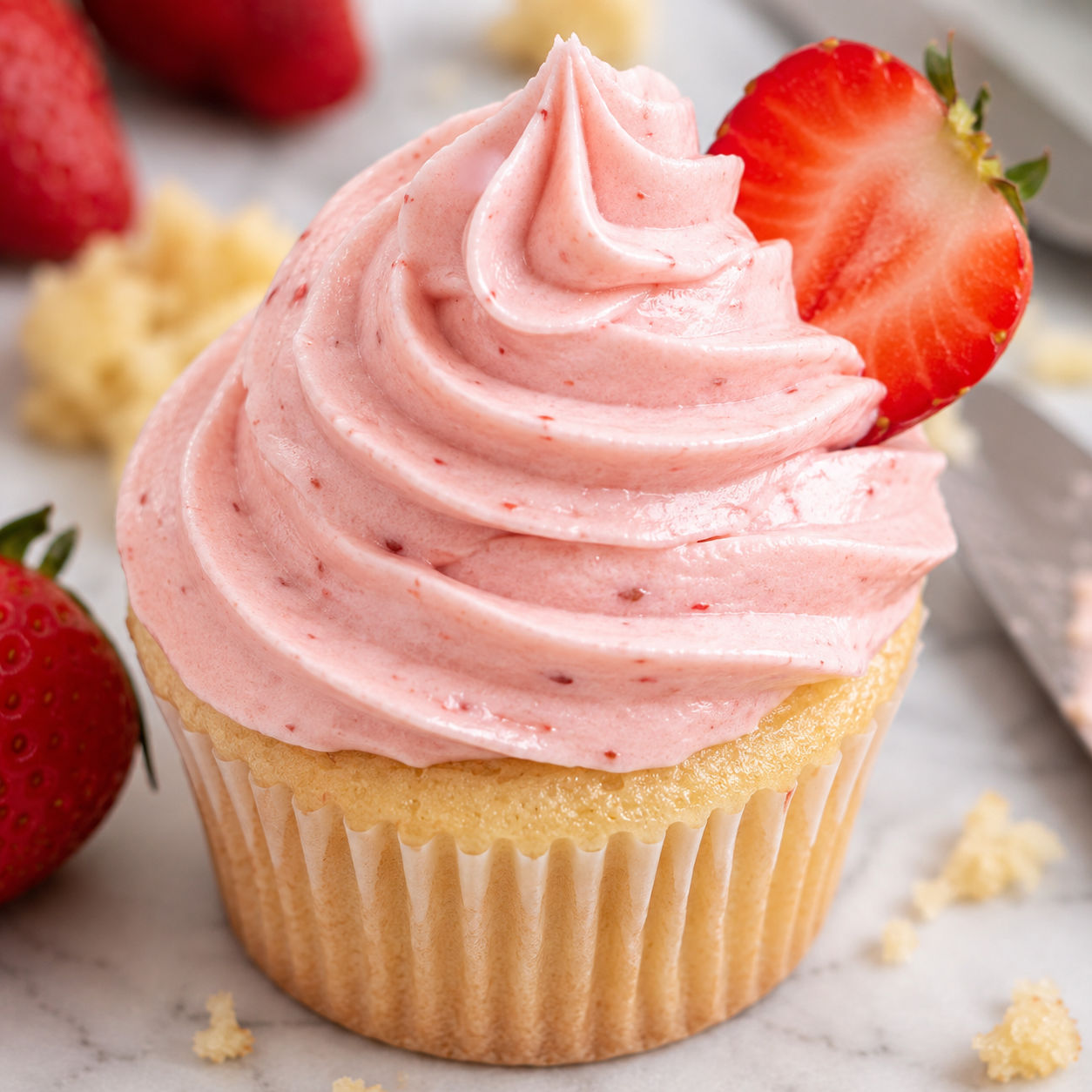 Pink strawberry buttercream swirl on a cupcake with fresh strawberry