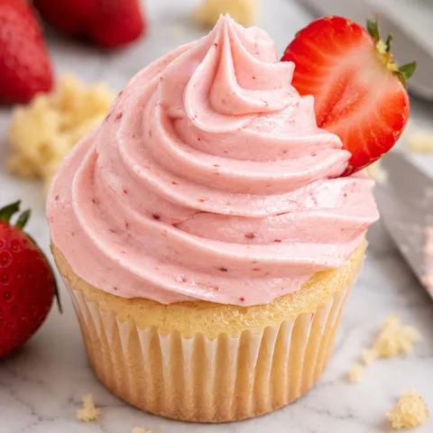 Pink strawberry buttercream swirl on a cupcake with fresh strawberry