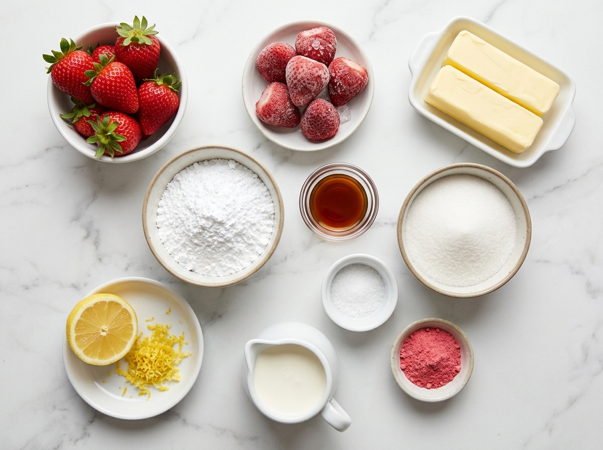 Ingredients for strawberry buttercream with berries butter sugar and lemon