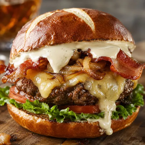 Irish pub burger with cheddar, bacon, onions, and whiskey aioli