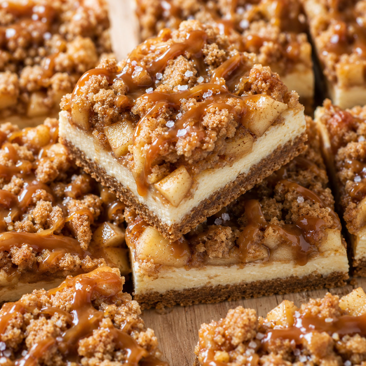 Apple cinnamon cheesecake crumble bars with caramel drizzle on a wooden board