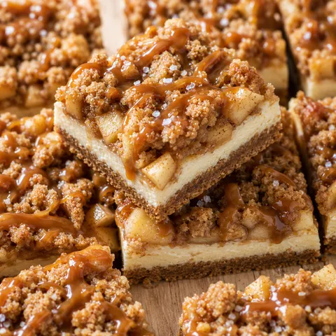 Apple cinnamon cheesecake crumble bars with caramel drizzle on a wooden board