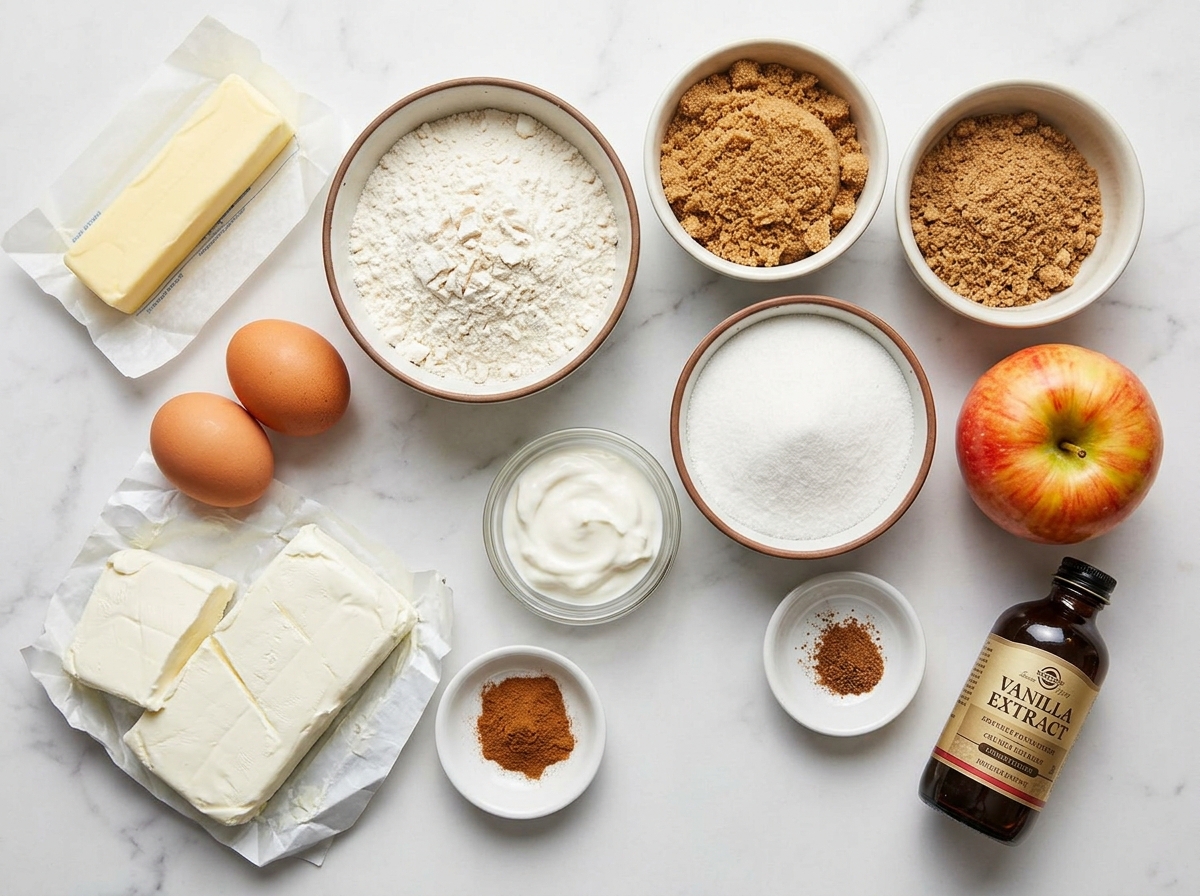 Raw ingredients for apple cinnamon cheesecake crumble bars on marble