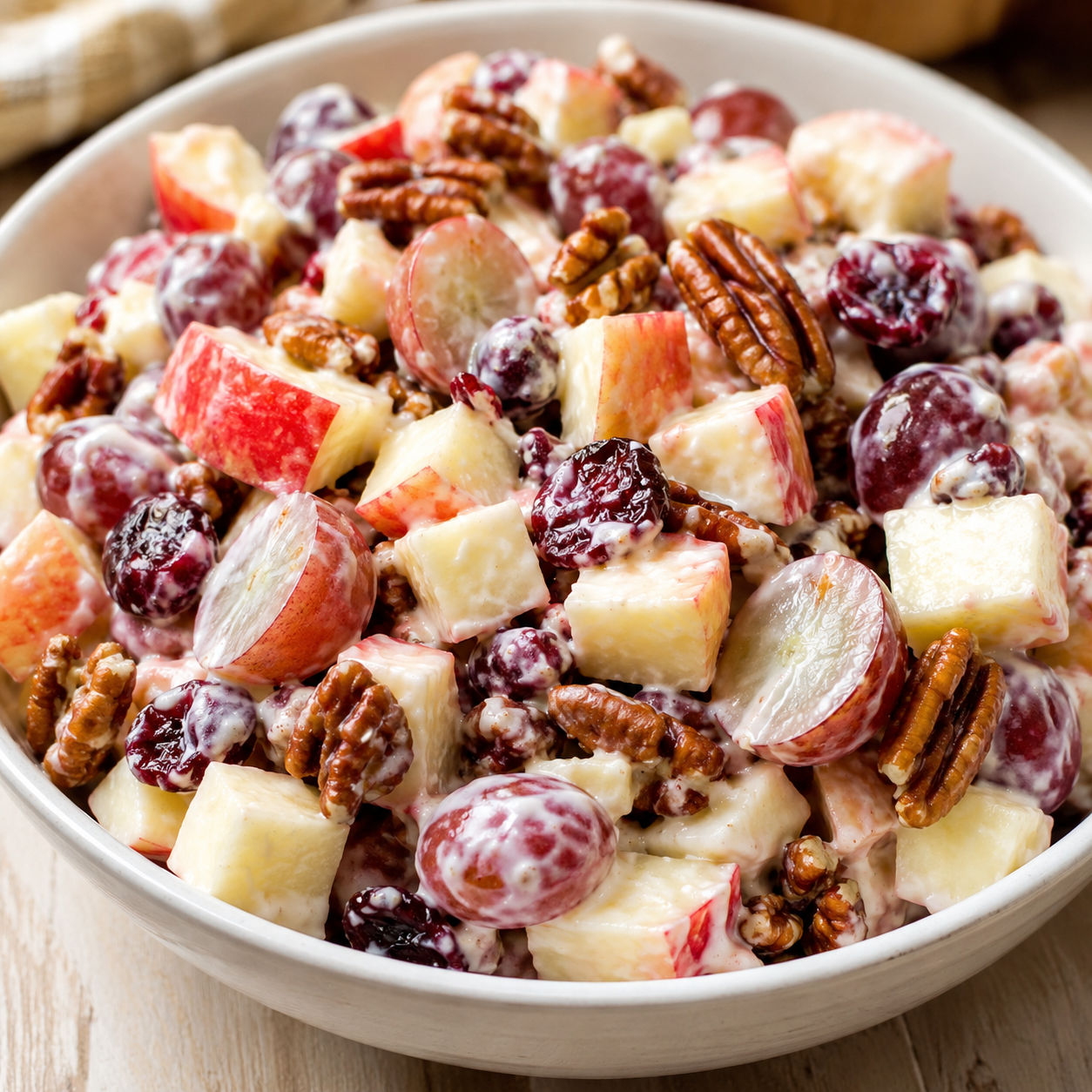 Creamy apple salad with grapes, pecans, and dried cranberries in a white bowl