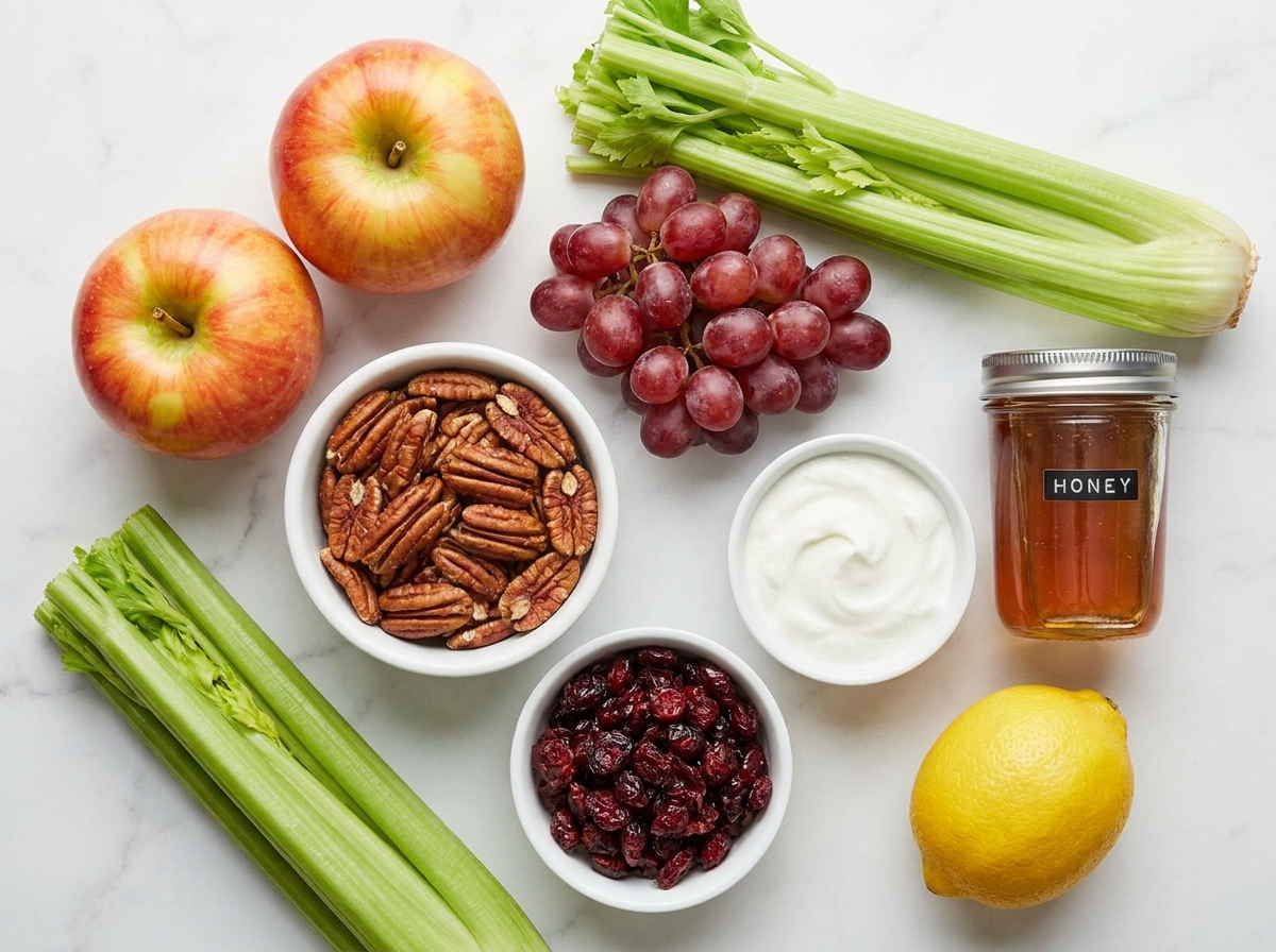 Fresh apples, grapes, celery, pecans, and cranberries on a wooden board