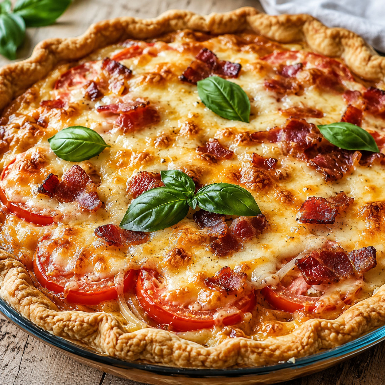 Golden baked bacon onion tomato pie with melted cheese and fresh basil