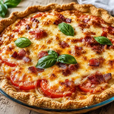 Golden baked bacon onion tomato pie with melted cheese and fresh basil
