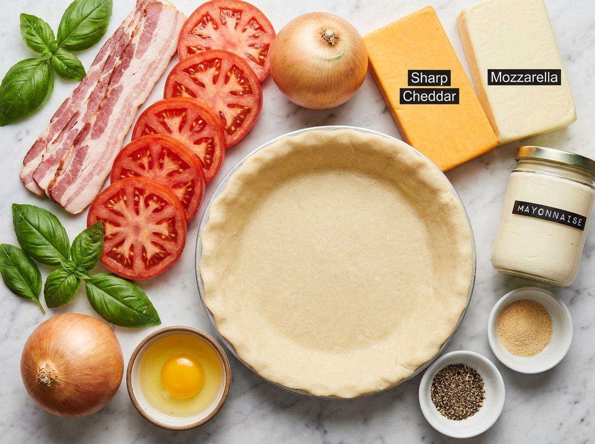 Raw ingredients for bacon onion tomato pie on a clean kitchen counter