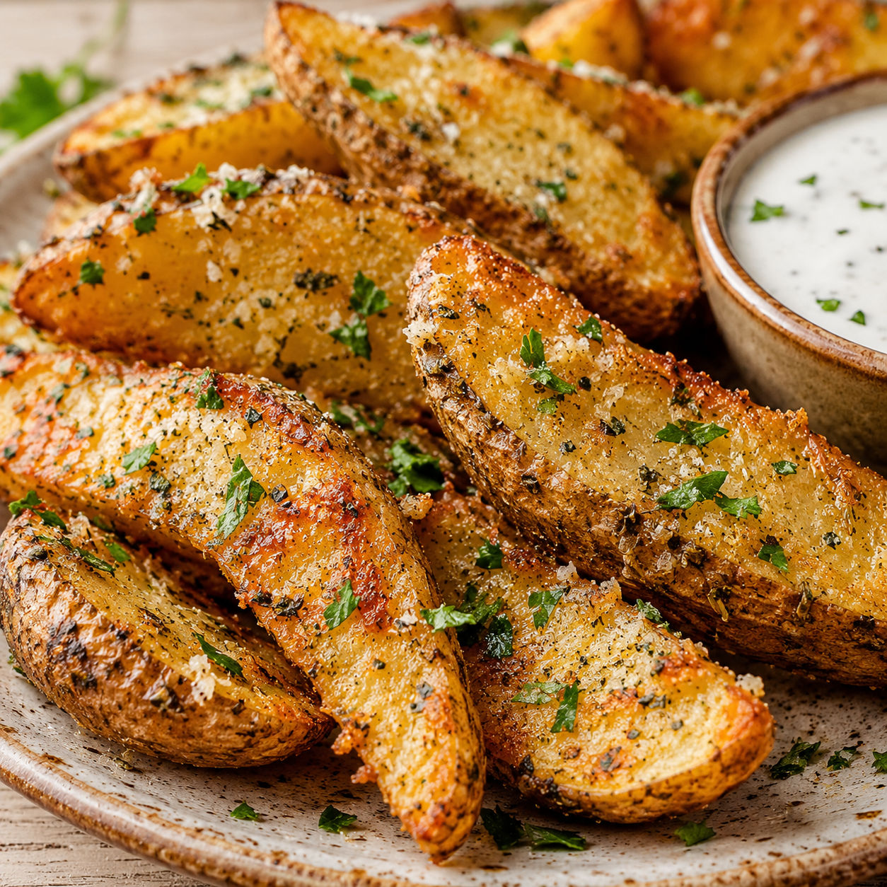 Baked garlic parmesan potato wedges stacked on a ceramic plate with parsley