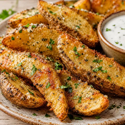 Baked garlic parmesan potato wedges stacked on a ceramic plate with parsley
