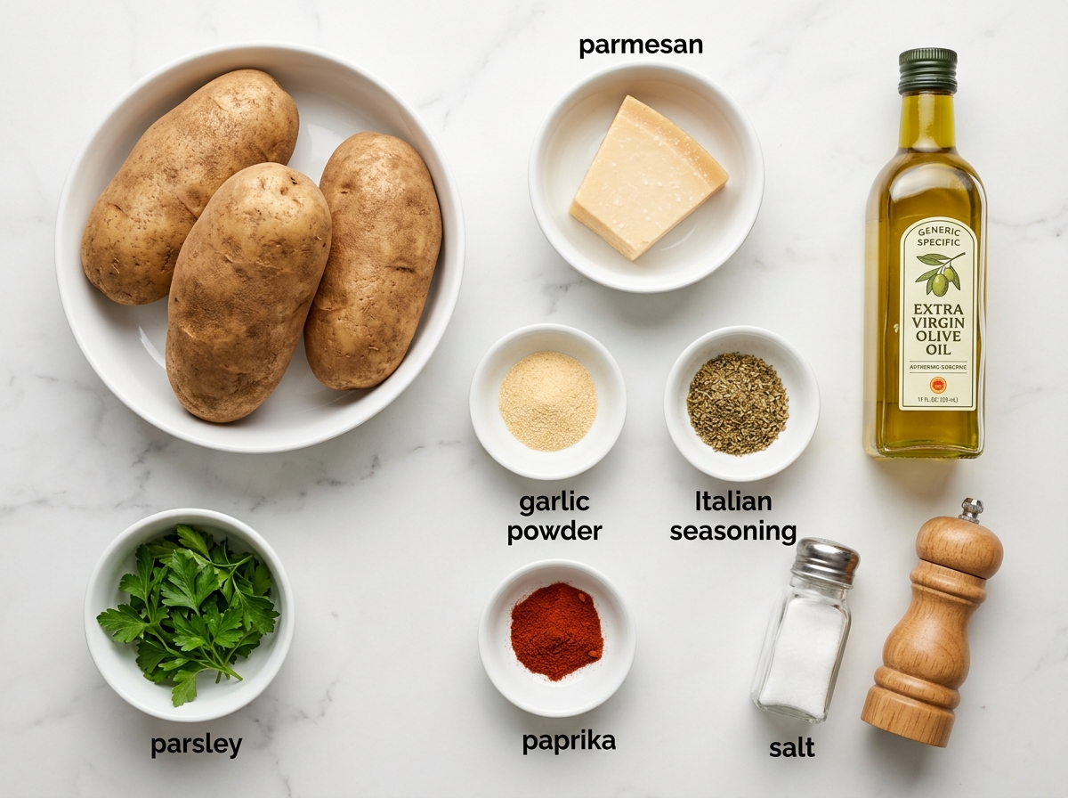 Raw ingredients for garlic parmesan potato wedges on a wooden board