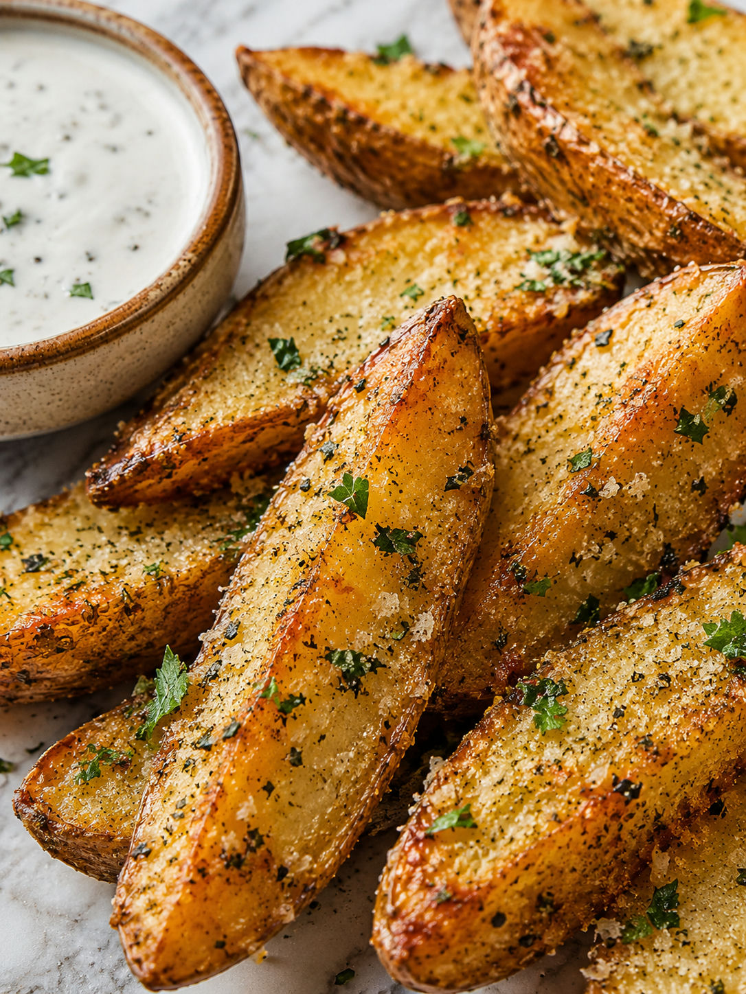 Irresistible Baked Garlic Parmesan Potato Wedges, plated and served