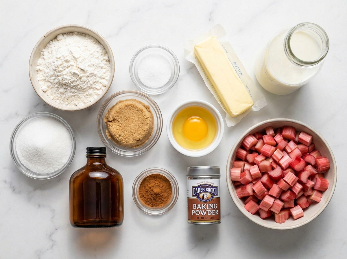 Raw ingredients for baked rhubarb fritters including rhubarb, butter, and flour