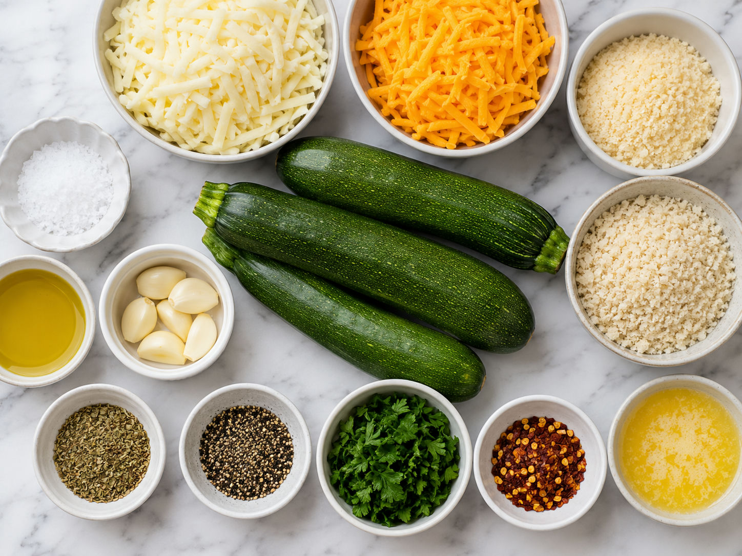 Ingredients for baked zucchini and cheese arranged on a light wooden surface