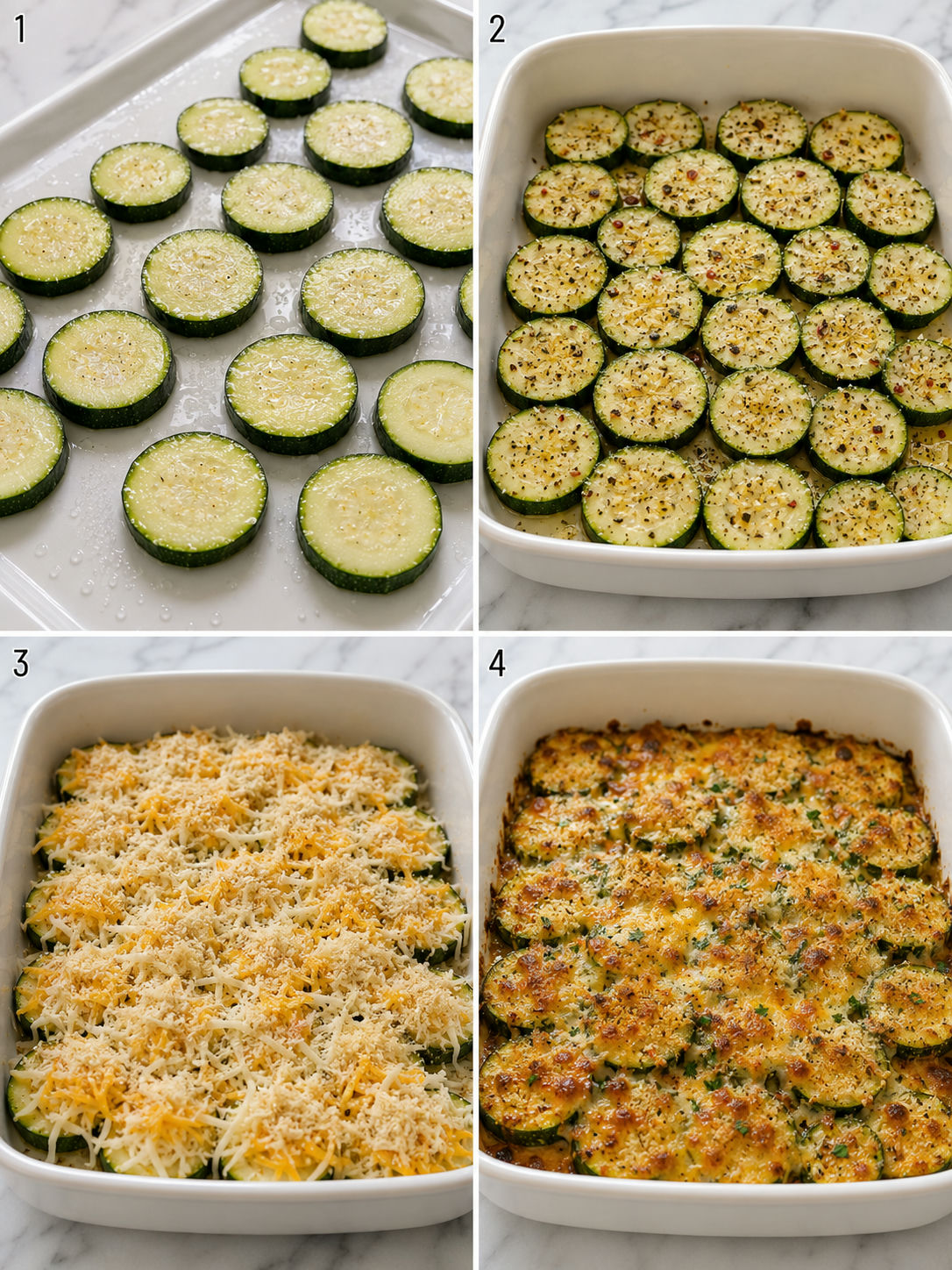 Four steps for making baked zucchini and cheese with golden topping