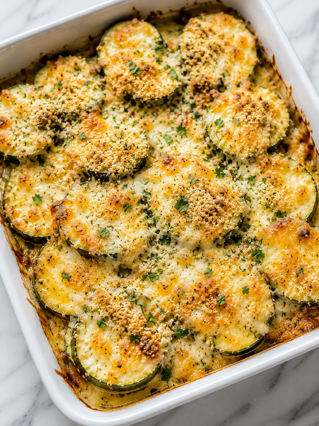 Golden baked zucchini and cheese with crisp crumbs and parsley