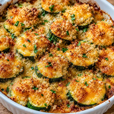 Baked zucchini and cheese with golden crumb topping in a white dish