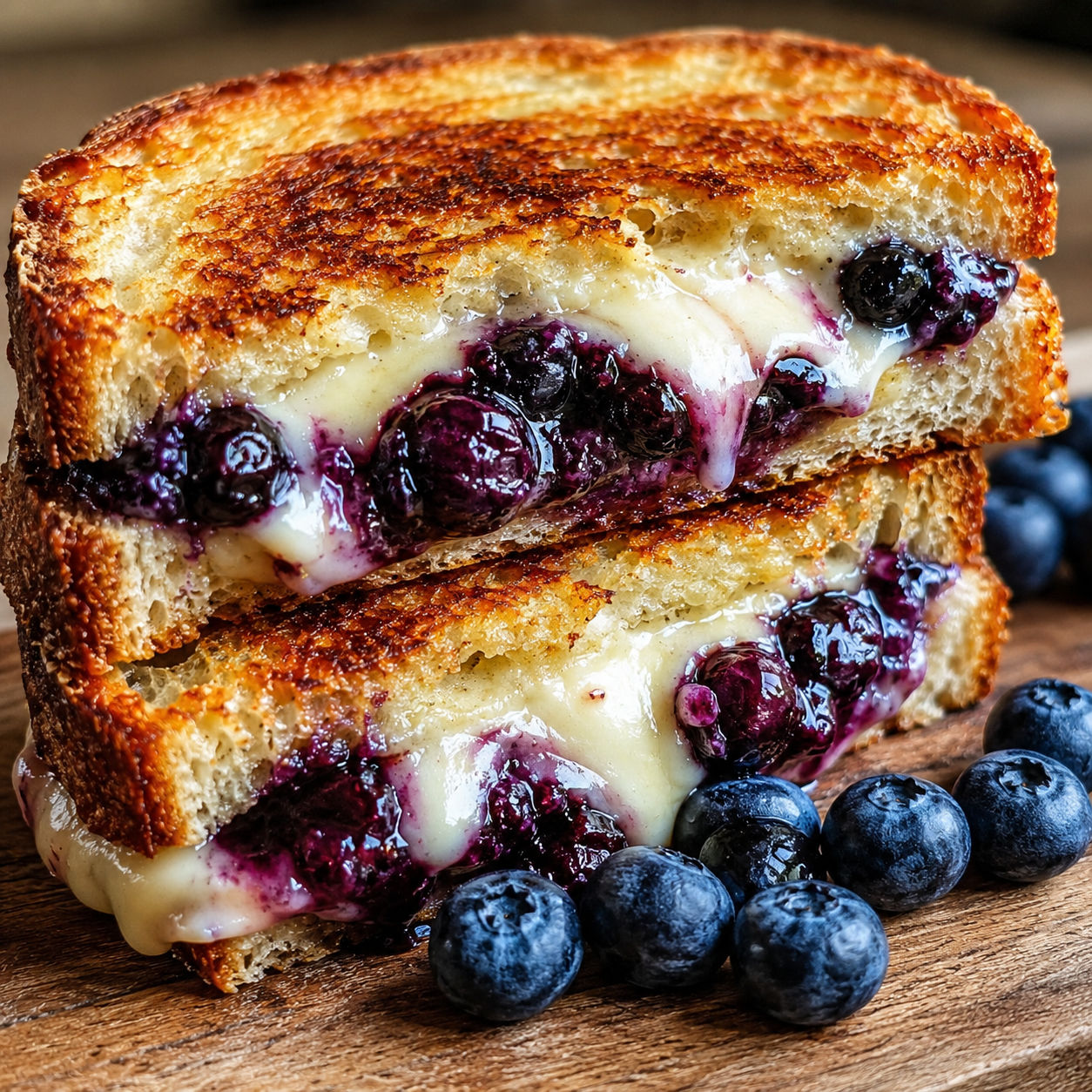 Golden grilled sandwich with melted brie and blueberry jam on sourdough