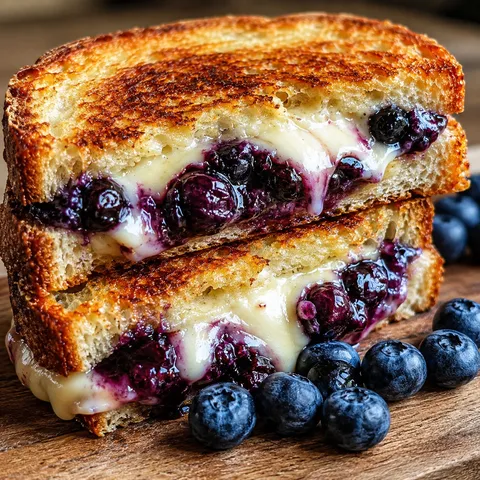 Golden grilled sandwich with melted brie and blueberry jam on sourdough
