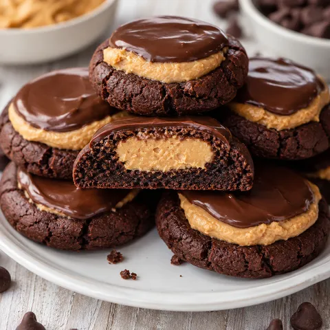 Buckeye brownie cookies with peanut butter centers and glossy chocolate tops
