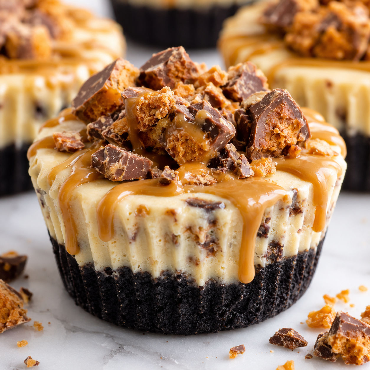 Butterfinger cheesecake cupcakes with peanut butter drizzle and candy crunch