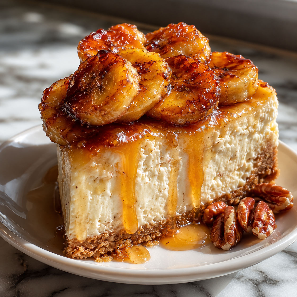 Caramelized banana cheesecake slice with rum glaze on a white plate